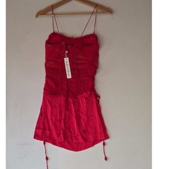 NWT FOR LOVE AND LEMONS ANGELA RED ROSE BUD CHIFFON & SATN MINI DRESS SIZE XS - Picture 9 of 13